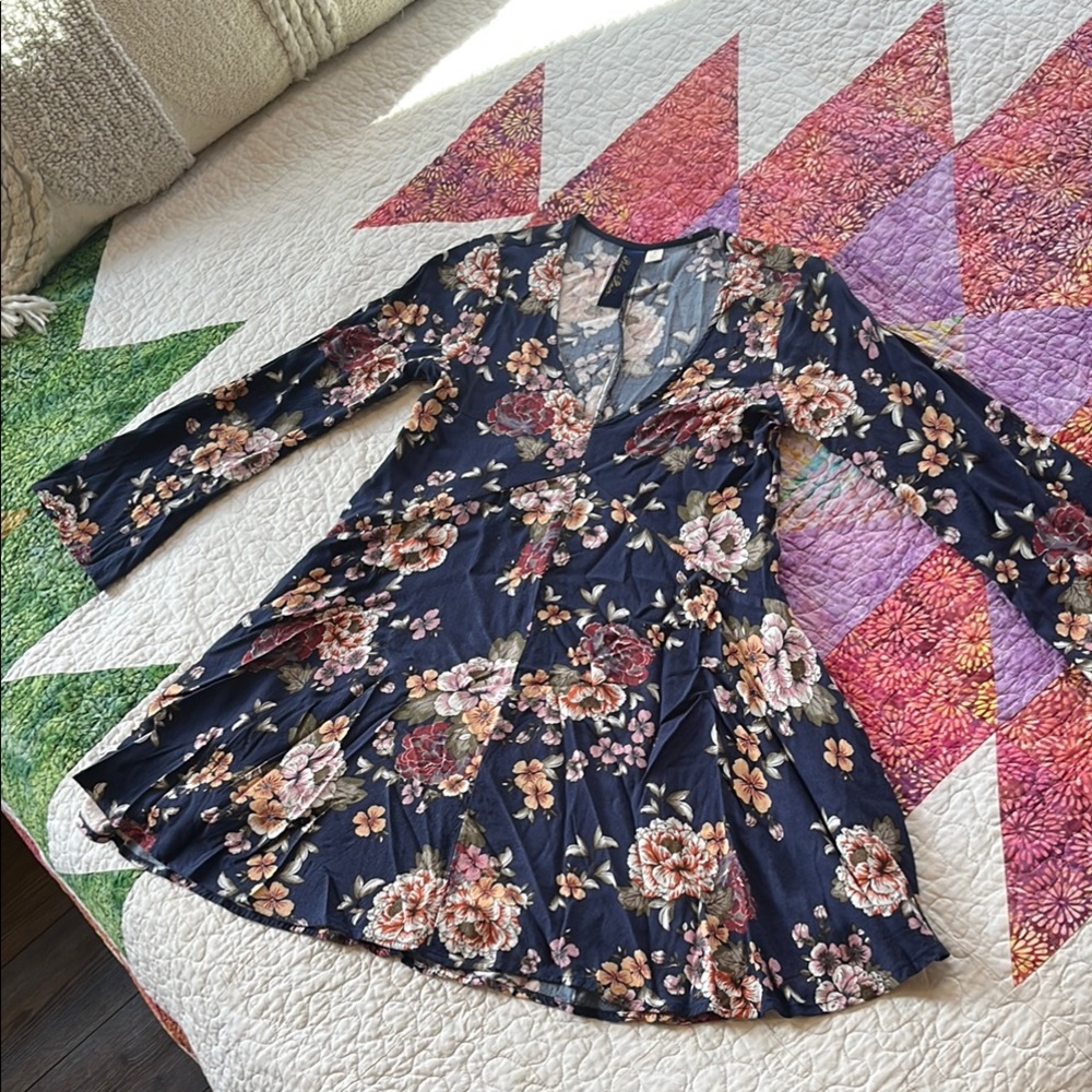 Blue Rain Floral Long Sleeve Dress